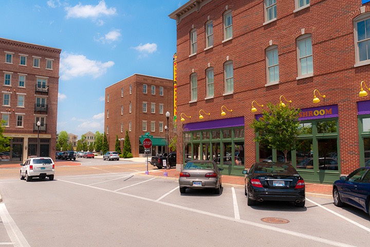 town center of the Village of Providence occupy three corners of intersection on Providence Main Street, Huntsville, Alabama